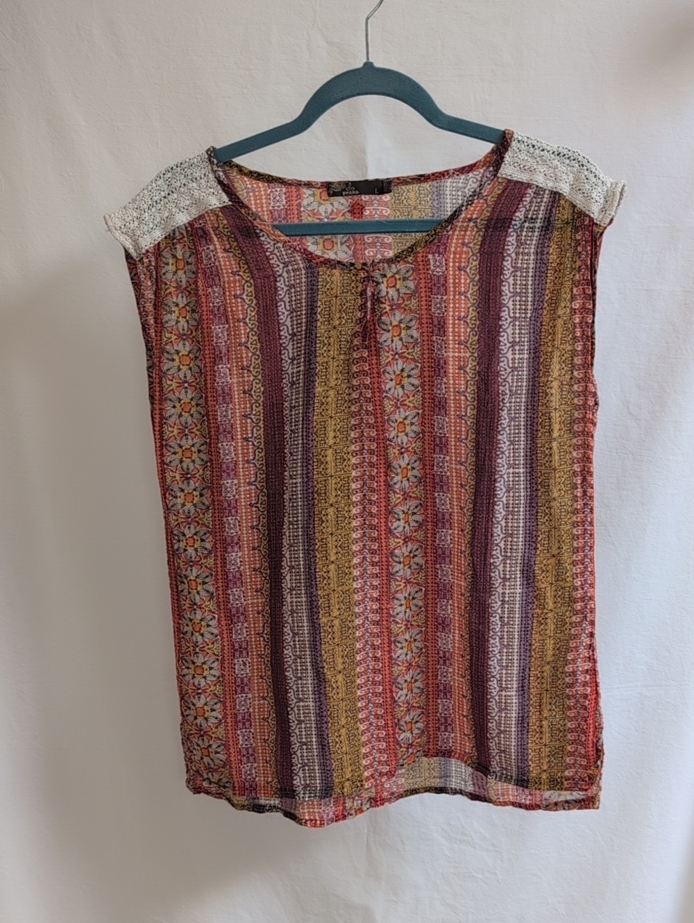 Boho Striped Floral Lace-Shoulder Women’s Top — Multicolor